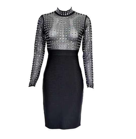 Mesh Rhinestone Bandage Dress - Long Sleeve