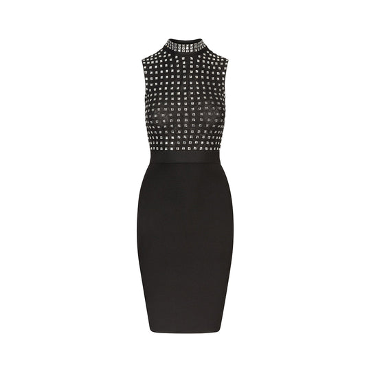 Mesh Mock Neck Rhinestone Bandage Dress - Sleeveless