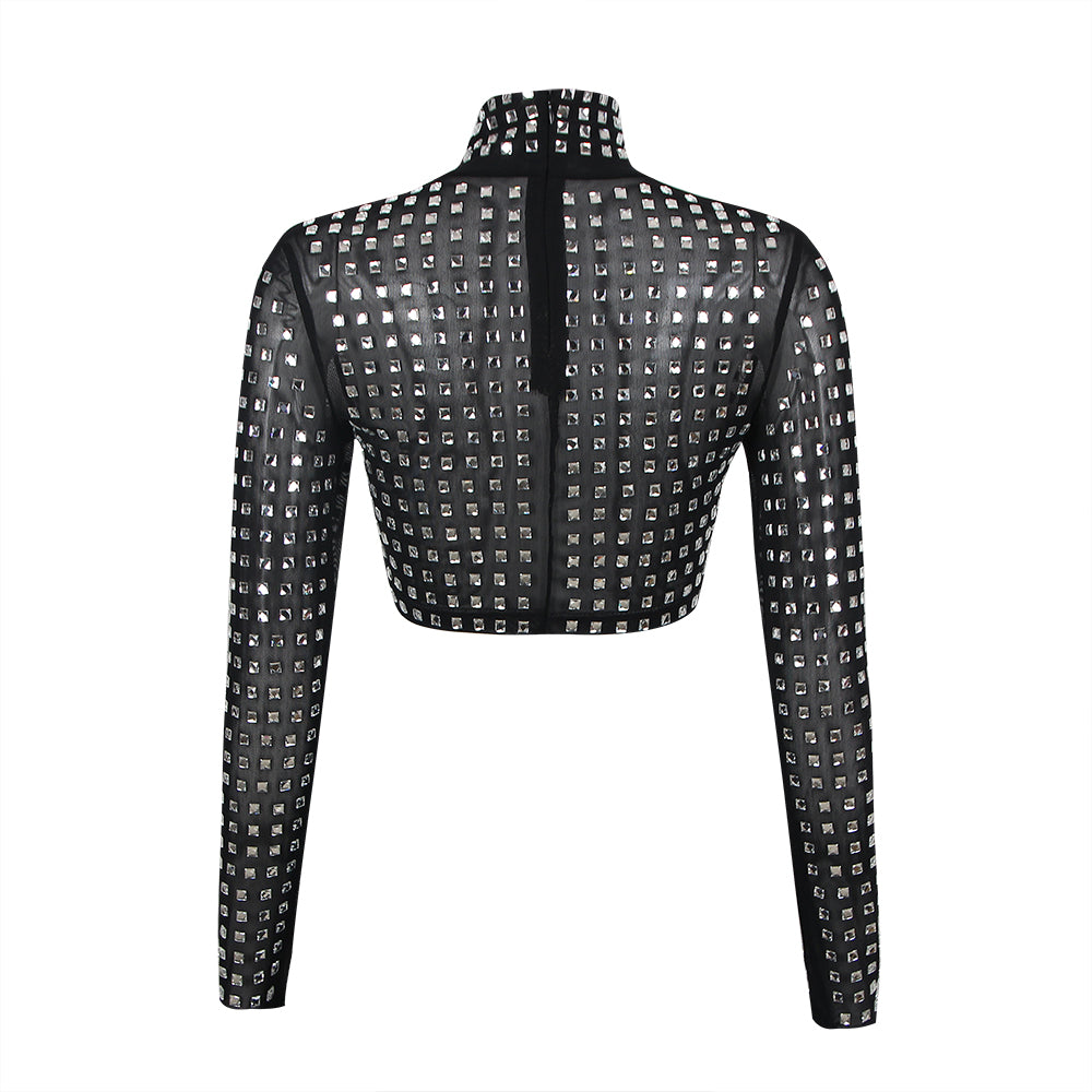 Mesh Mock Neck Rhinestone Bandage Top