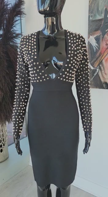 Studded V-Neck Bandage Dress XS