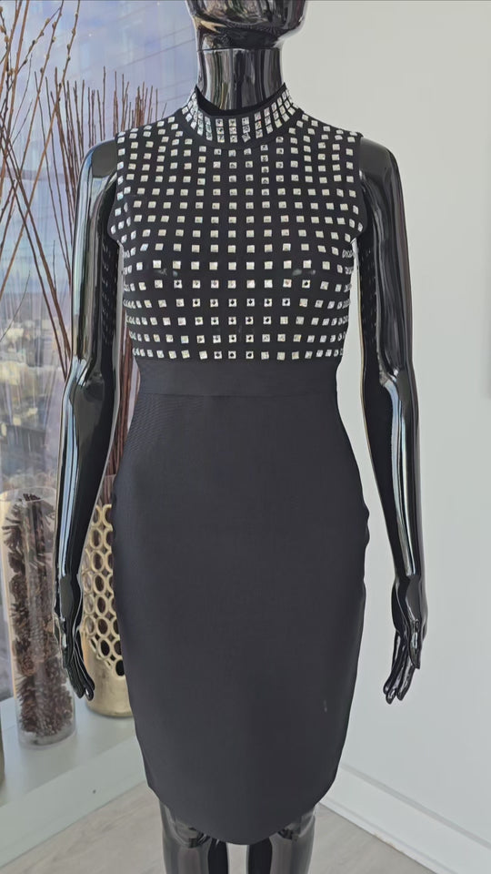 Mesh Mock Neck Rhinestone Bandage Dress - Sleeveless