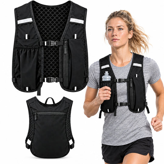 Black reflective cycling and running vest with multiple front pockets, shown in three views: a large flat product view, a smaller front view, and worn by a female model with a water bottle. The vest has reflective silver stripes and mesh ventilation panels.
