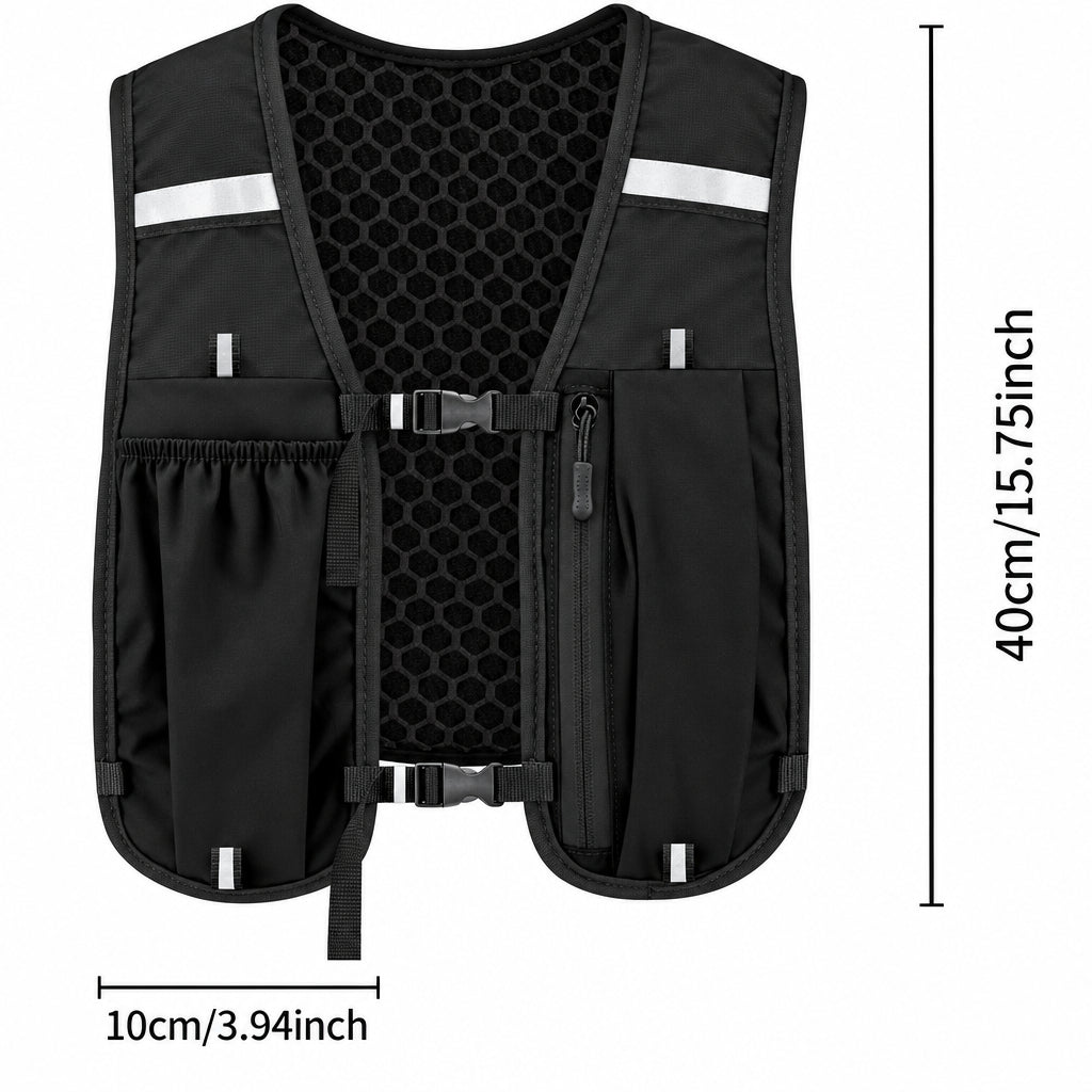 Black reflective cycling vest with front utility pockets and adjustable straps, shown with dimension labels indicating 40cm height and 10cm width on a white background.