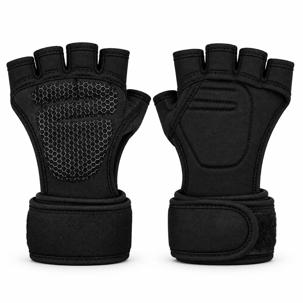 A pair of black athletic fingerless gloves with textured mesh panels on the back of the hand, shown against a plain white background.