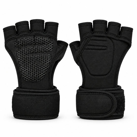 A pair of black athletic fingerless gloves with textured mesh panels on the back of the hand, shown against a plain white background.