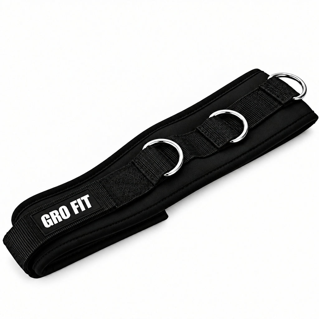 Black adjustable fitness wrist cuffs and a matching waist wrap strap with silver metal D-rings, shown on a white background with a circular inset detail of one ring.