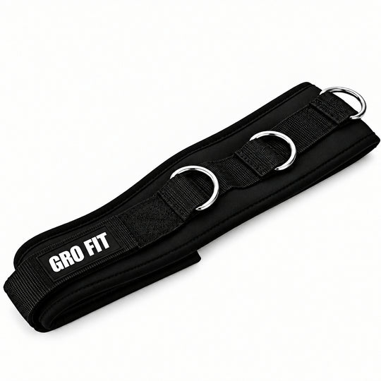 Black adjustable fitness wrist cuffs and a matching waist wrap strap with silver metal D-rings, shown on a white background with a circular inset detail of one ring.